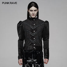 Load image into Gallery viewer, PUNK RAVE Men's Gothic Black Stripe Velvet Stitching Bubble Sleeve Short Shirt Party Club Halloween Christmas Dress Shirt Tops