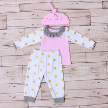 Load image into Gallery viewer, Kaiya Angel Baby Christmas Clothing 3 Pics Clothing Set Baby Hat Full Sleeve Shirt Pants Suit Girls Outfit Gold Dot Stripe Set