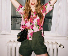 Load image into Gallery viewer, PINK Floral Print Silk Hawaiian shirt Short Sleeves Oversized pajamas-style lapel collar fashion top
