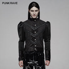 Load image into Gallery viewer, PUNK RAVE Men Steampunk Retro Stripe Velvet Blouse Stitching Bubble Sleeve Evening Party Shirt Halloween Christmas Dress Shirt